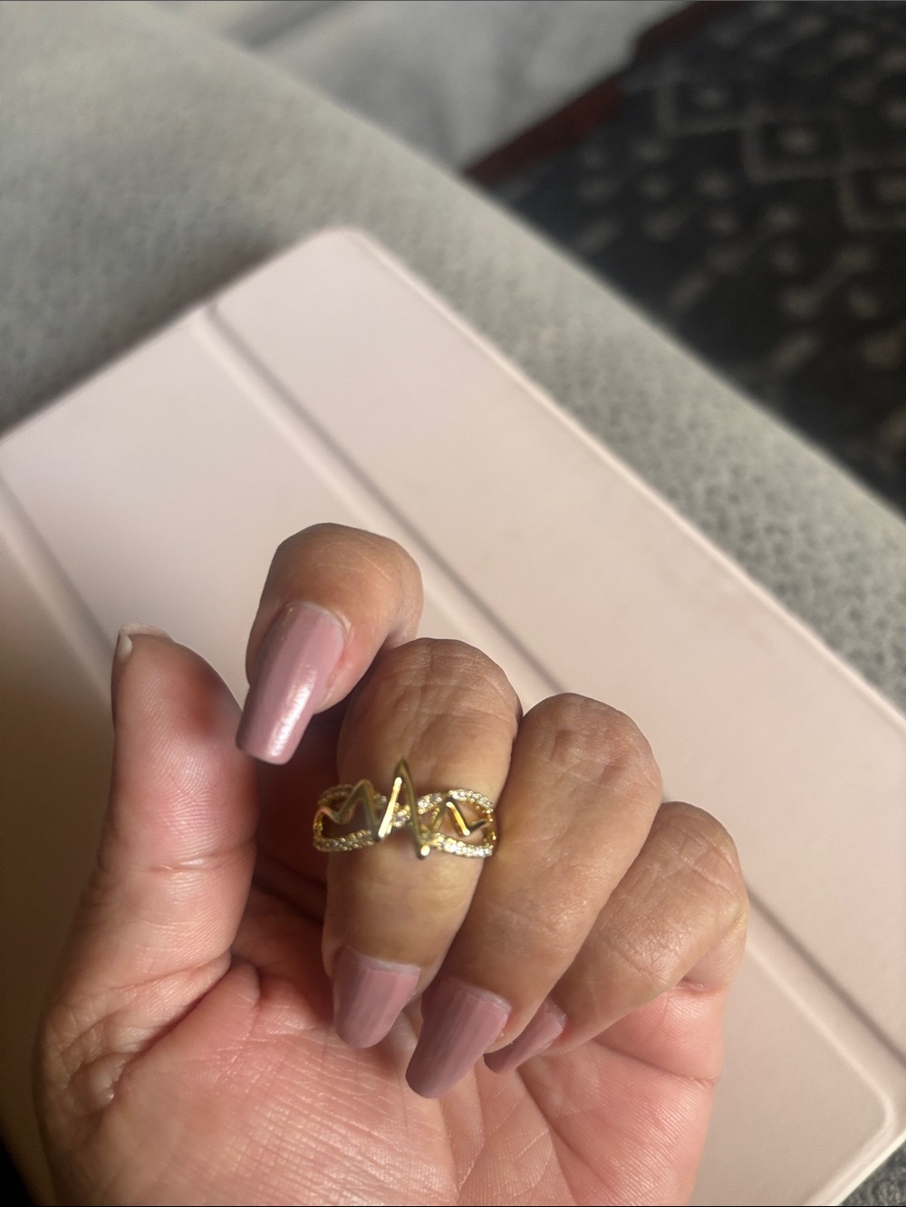 Gold Tone Open Heart Wave Ring with Pavé Accents - Crystals Size 7